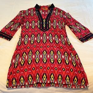 Tory Burch Red and Black Resort Dress V-Neck 3/4 Sleeve Tunic